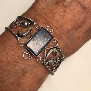 Lapis Lazuli Stamped 925 Sterling Silver Cuff Bracelet